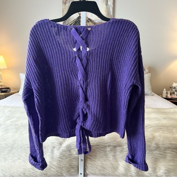 FOREVER 21 Purple S Slouchy Lace Up Back Box Sweater Cable Knit Scoop Neck - Picture 5 of 15